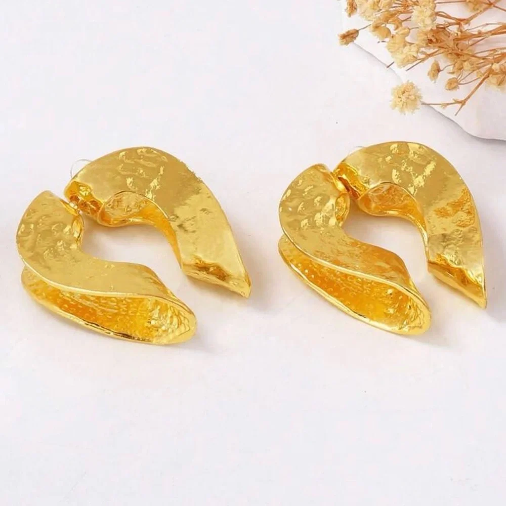 2/$30🌵 Gold Tone Curved Organic Shape Earrings Double Sided Unique Jewelry NEW